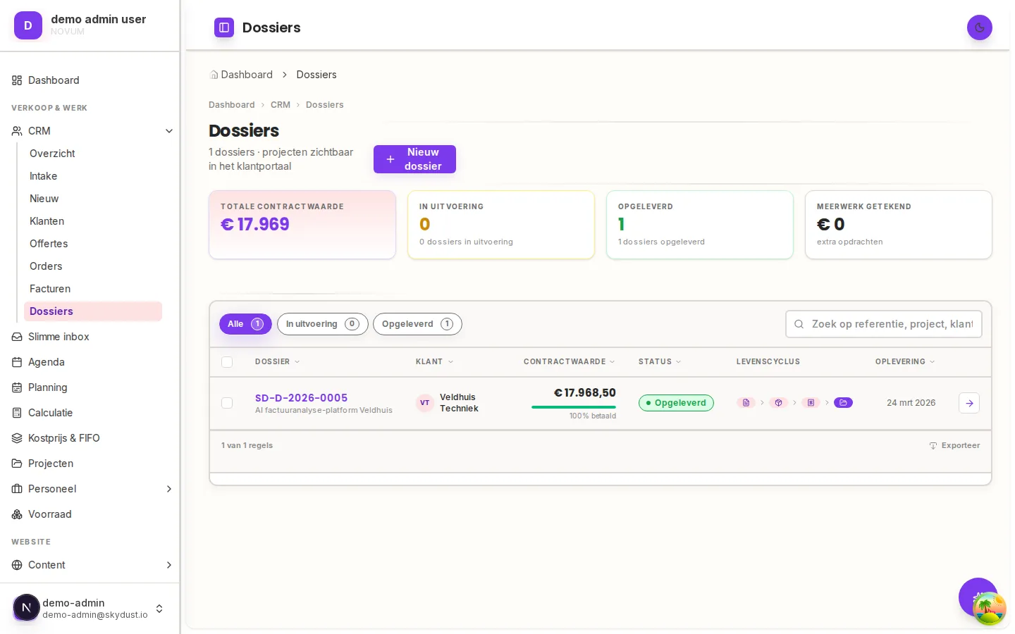 Dossier overview with client, status, and document links