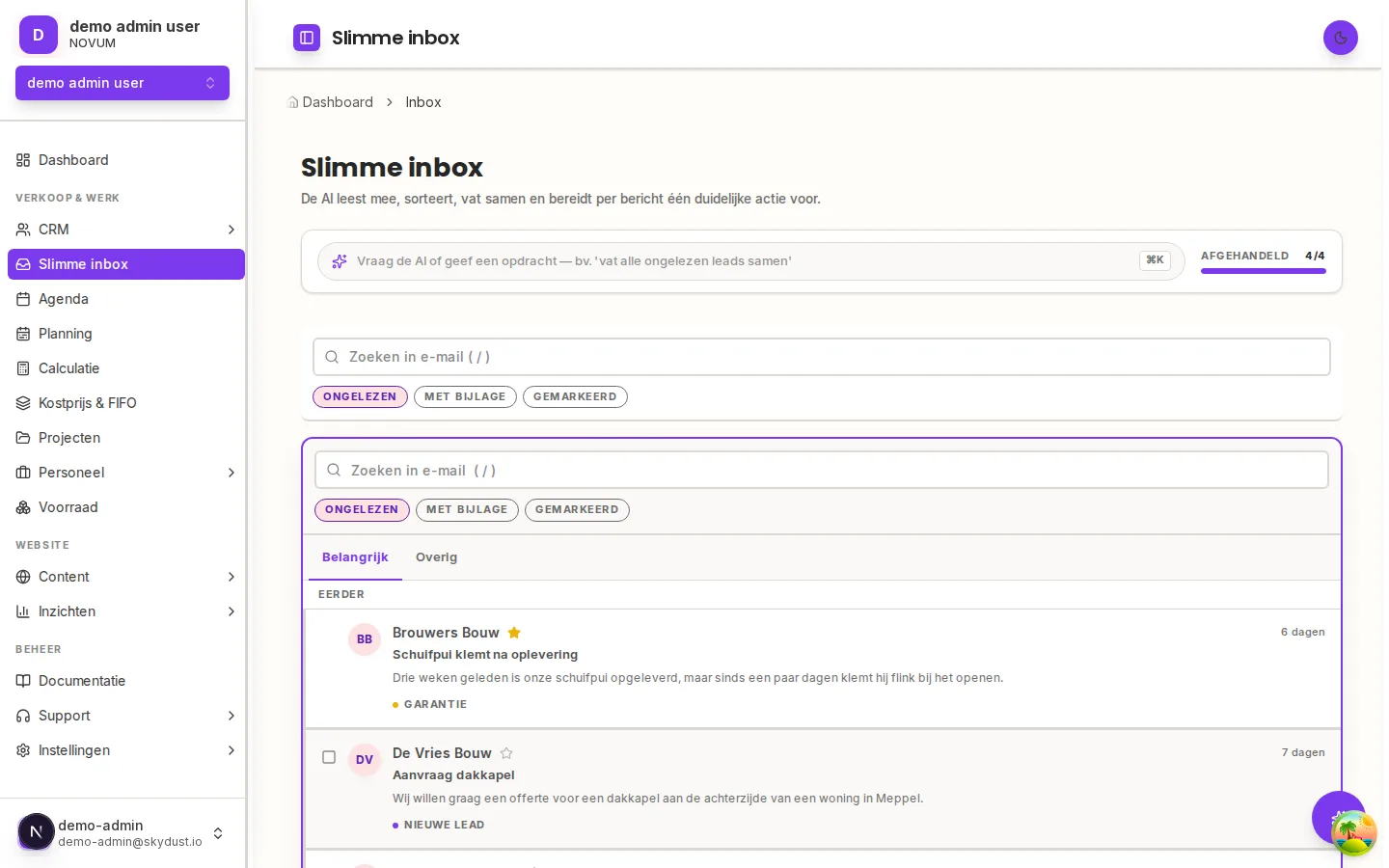 Inbox with AI summary, priority, and suggested follow-up actions