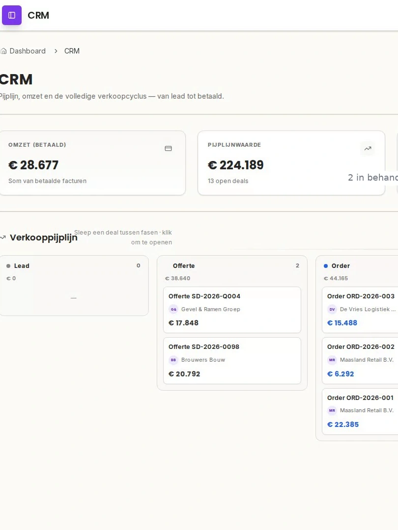 Van lead tot betaalde factuur in één pijplijn, met live status per deal.